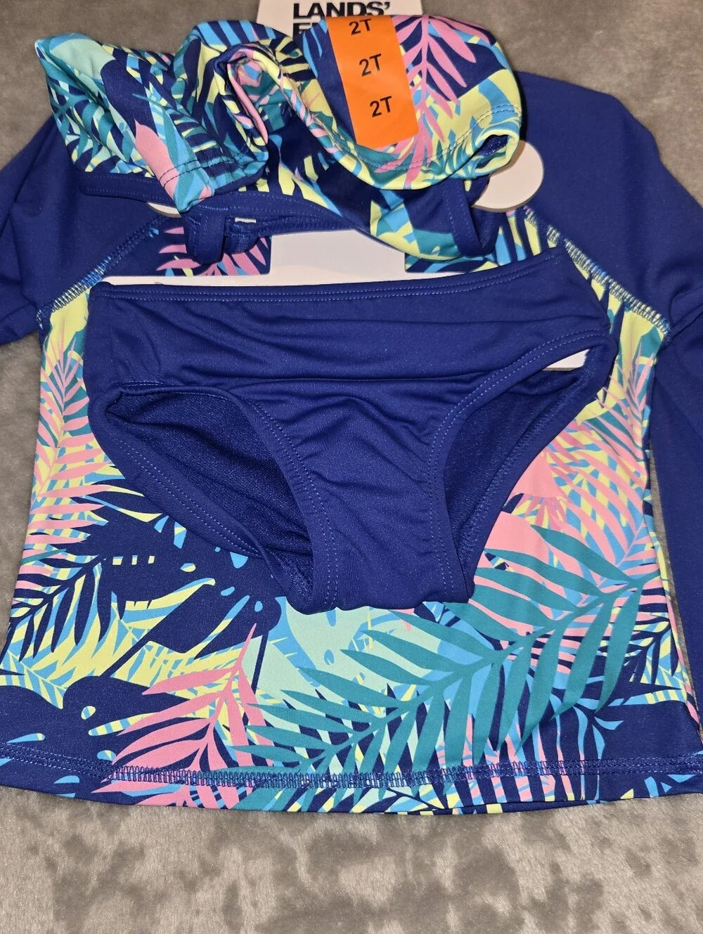 Lands' End Girls' Palm Design Long Sleeve 3 Piece Set- Blue/Multi Color size 2T
